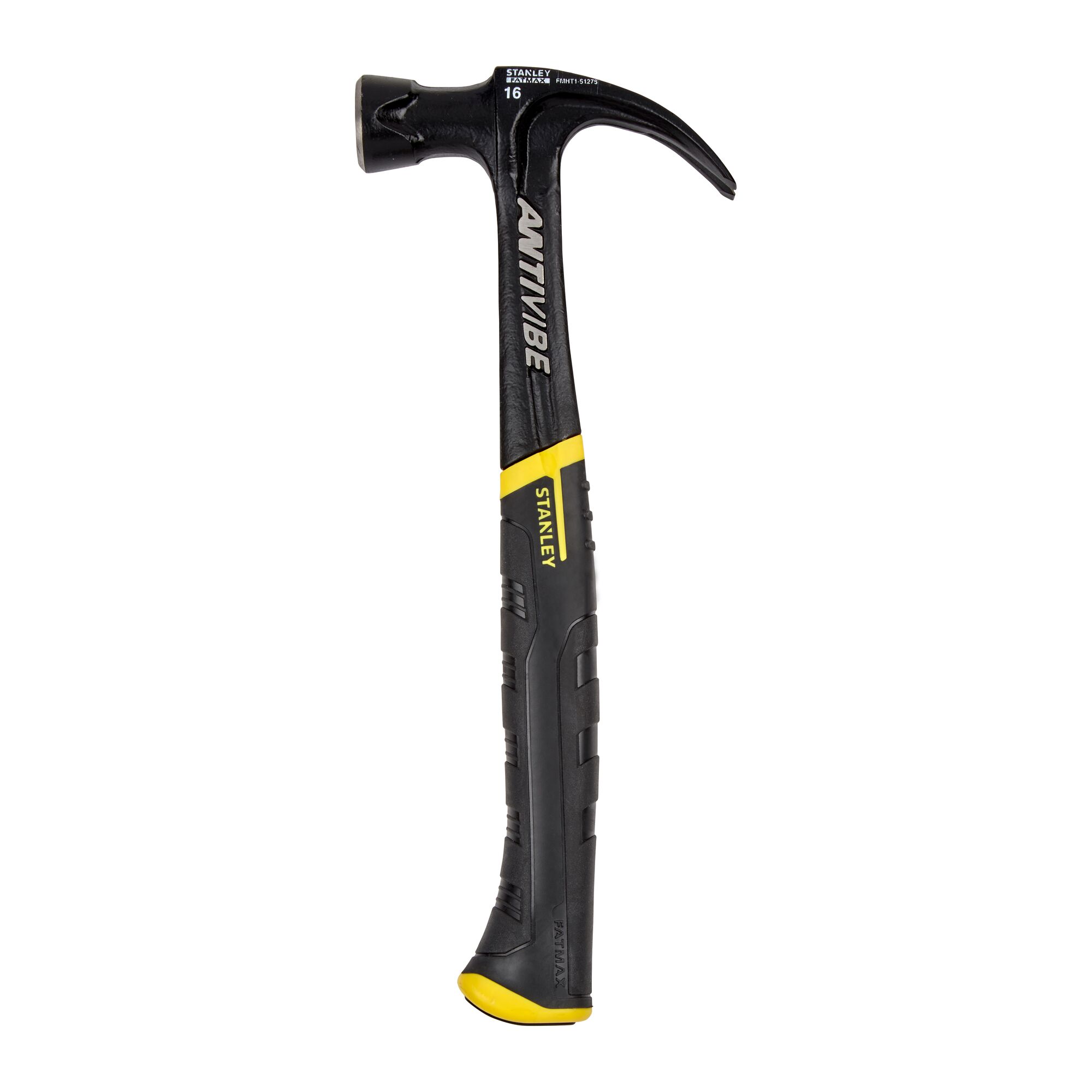 Marteau Stanley anti-vibration noir et jaune avec poignée ergonomique, présenté verticalement sur fond blanc.